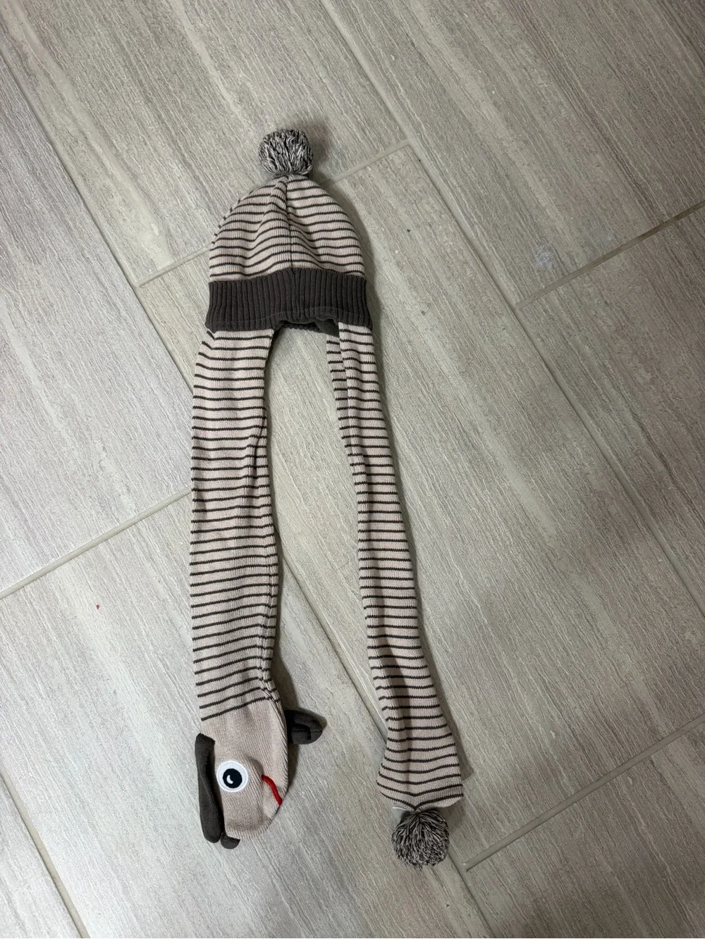 du pareil au meme baby Striped Pom-Pom Earflap Scarf Hat - Brown